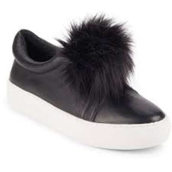 j/slides ny Shoes - J/Slides Black Leather Faux Fur Pom Pom Sneakers